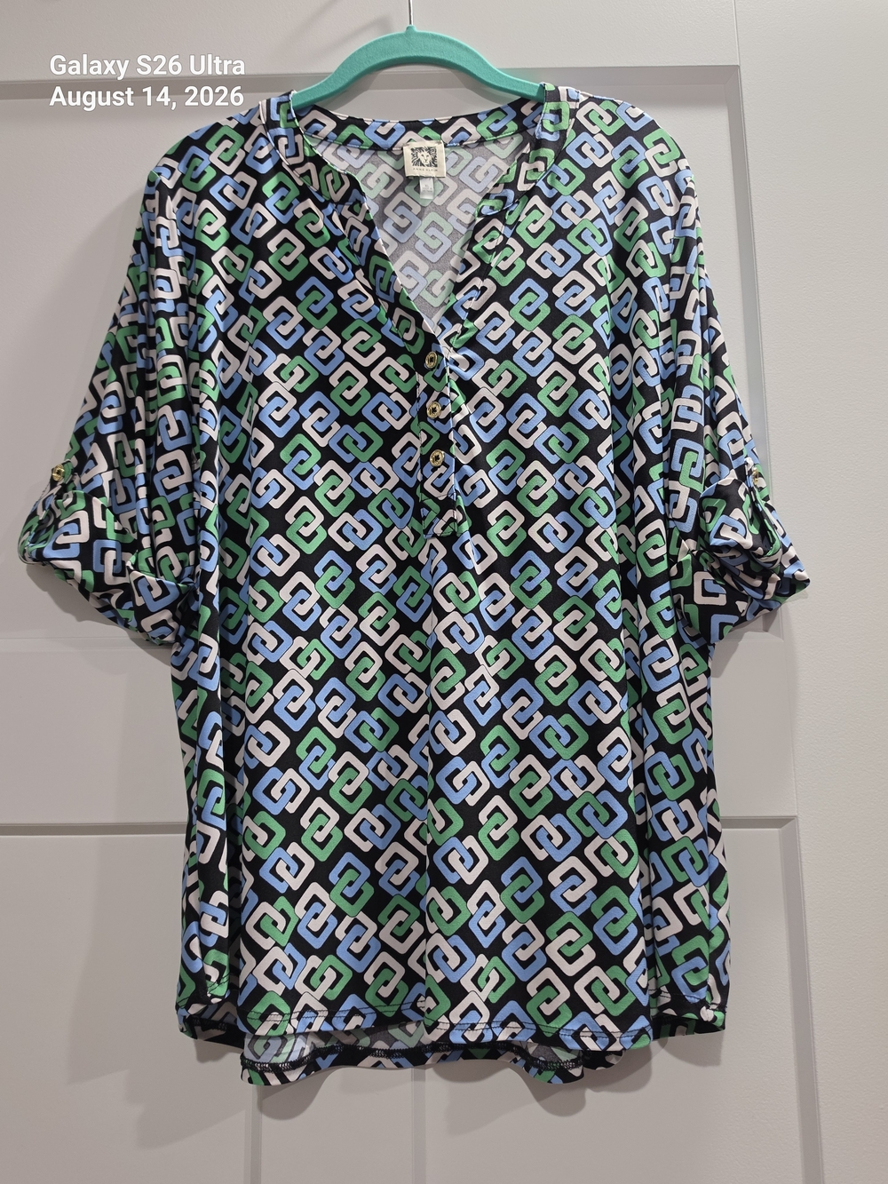Anne Klein Geometric V-Neck Tunic - Black, Blue, Green, White